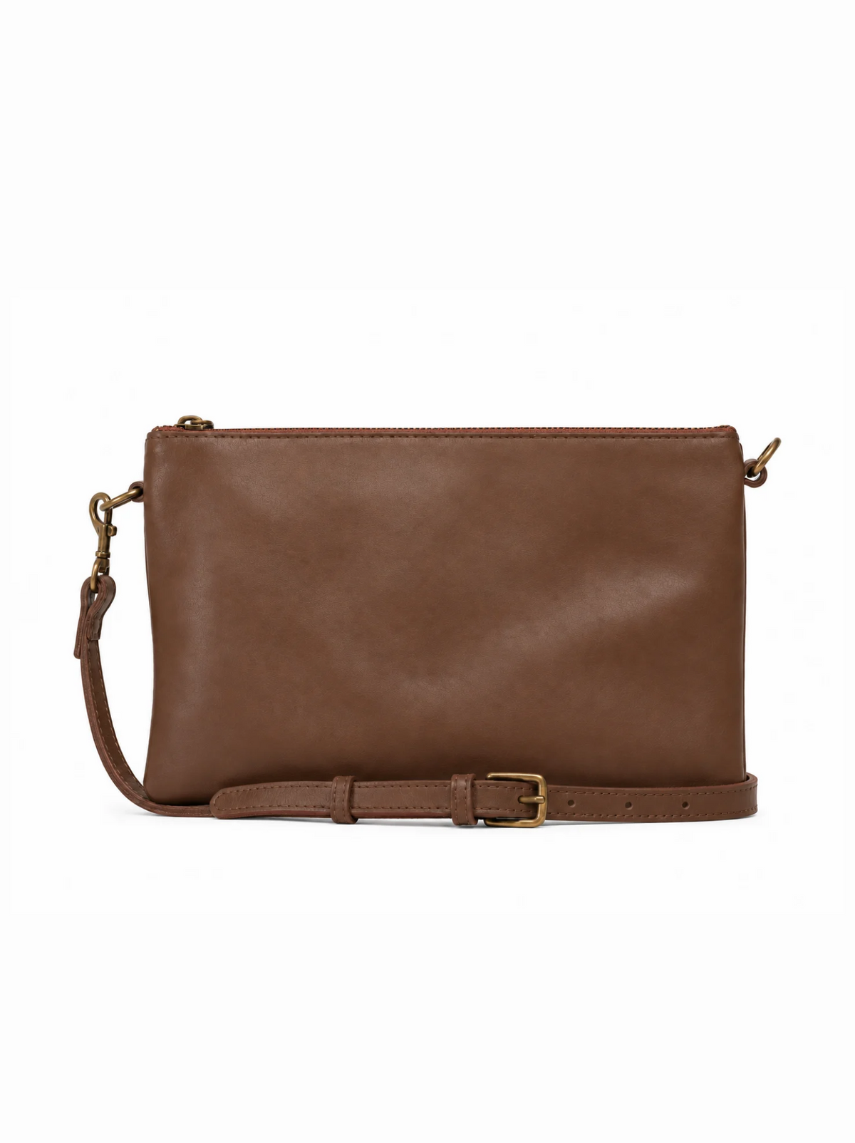 A brown leather crossbody bag with a zip-top closure, adjustable shoulder strap, and gold-tone hardware, shown against a plain white background. #Color_Whiskey