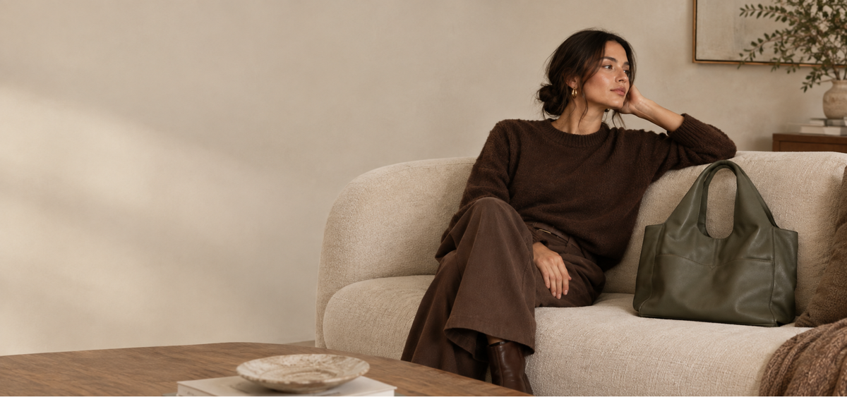 A woman sitting on a living room couch in a brown fall outfit with a olive green large leather shopper tote sitting beside her.