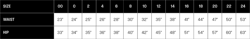 Apparel Waist and Hip size chart