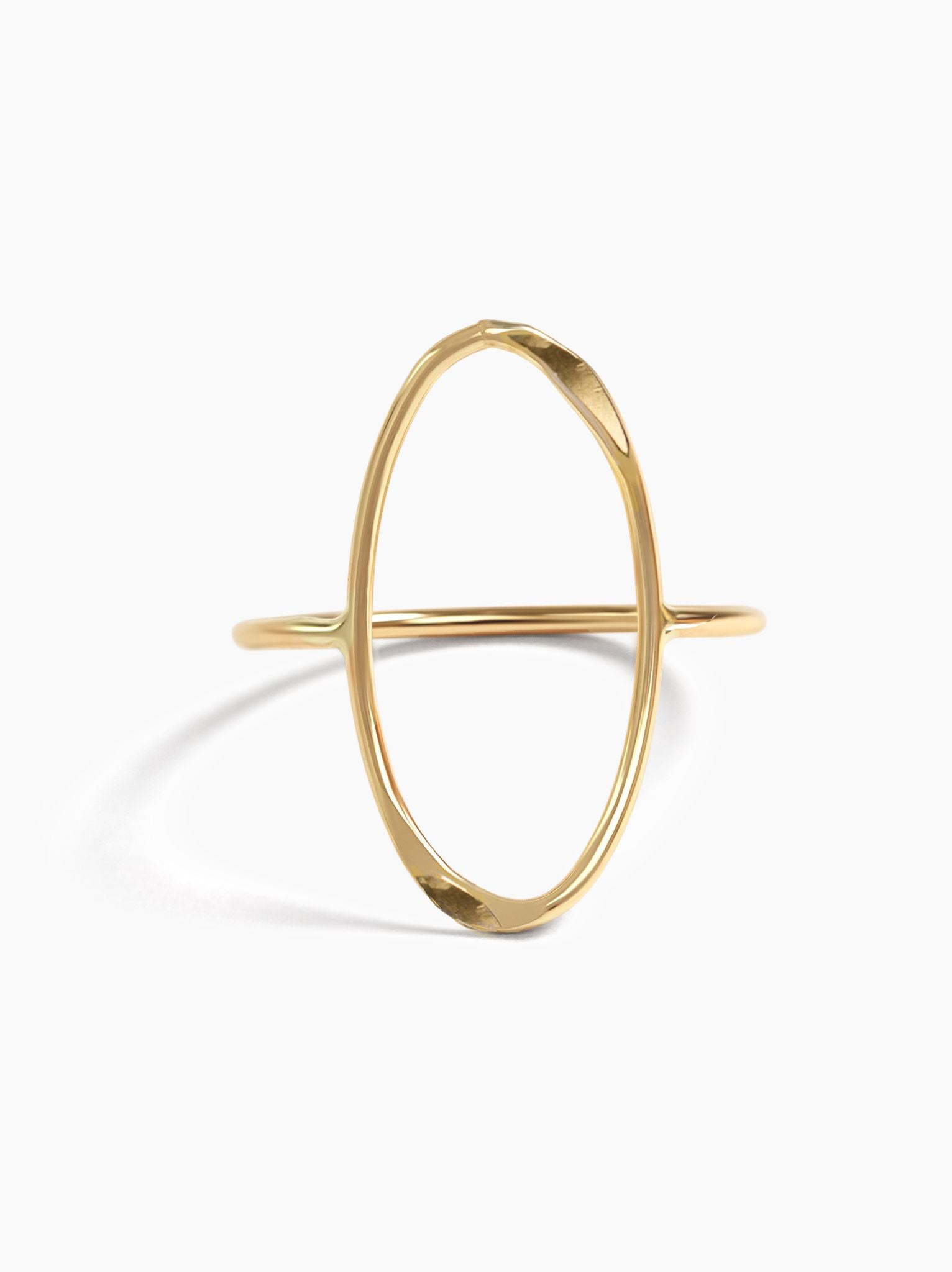 Gold oval ring on a white background.