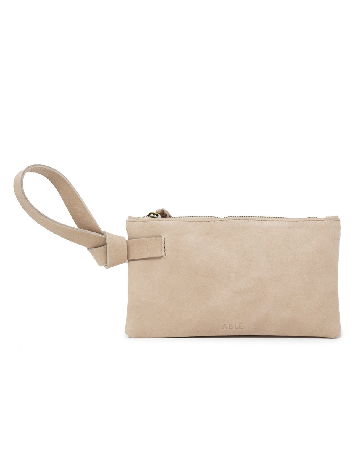Beige/grey wristlet purse on a white background. #Color_Mushroom