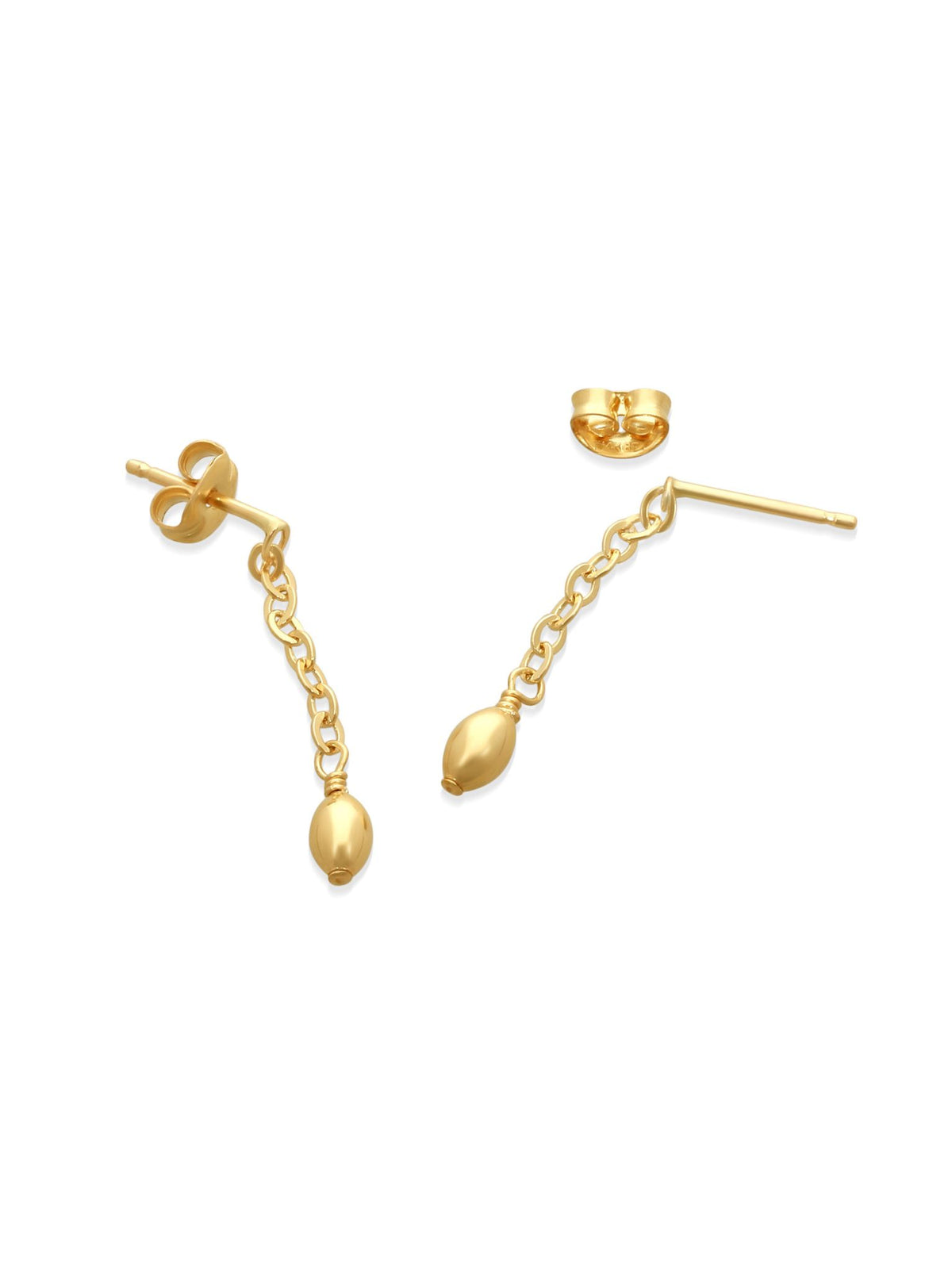 Gold chain earrings, with their earring posts, on a white background.