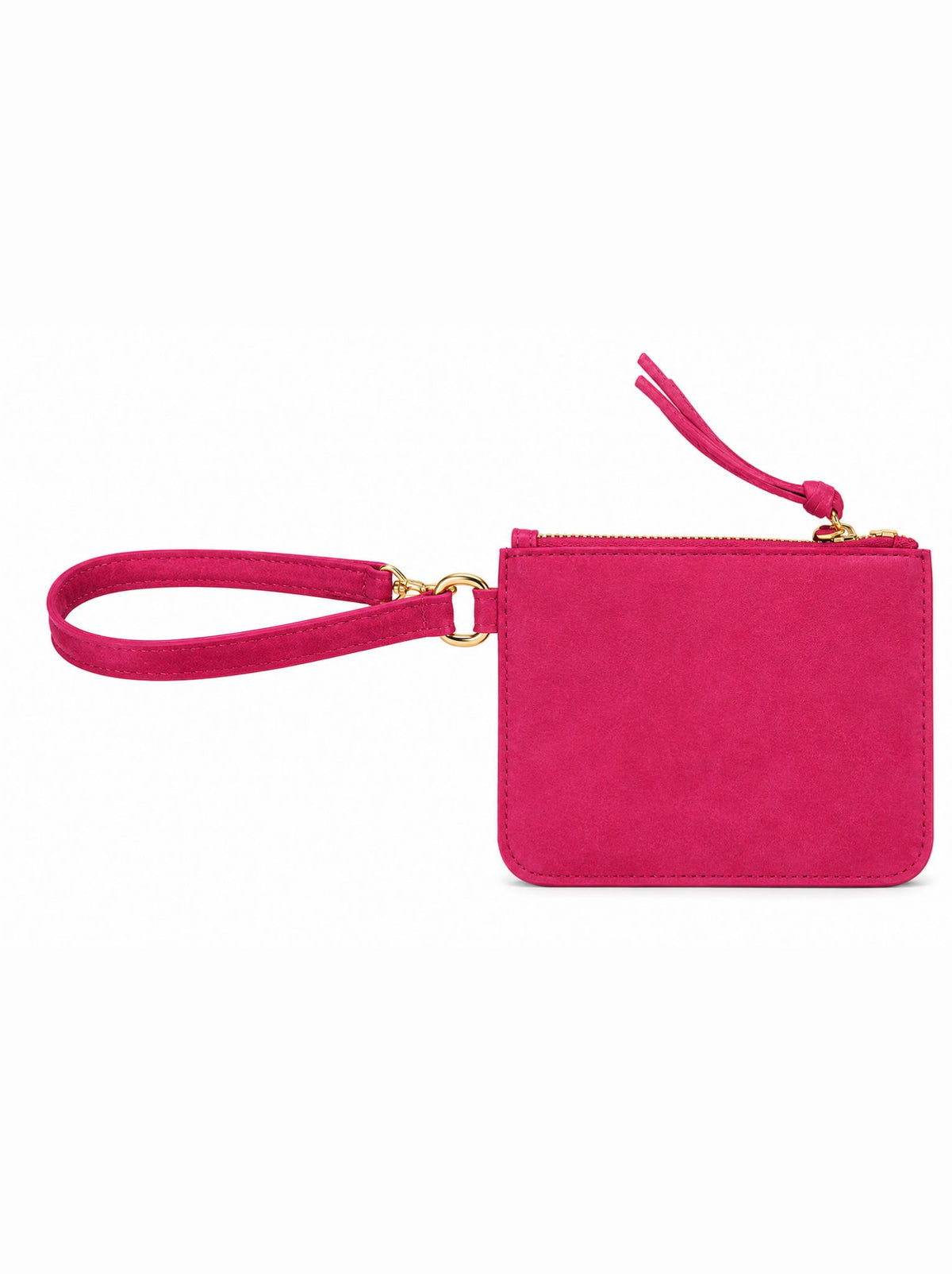 Pink suede wristlet  on a white background. #Color_Raspberry Suede