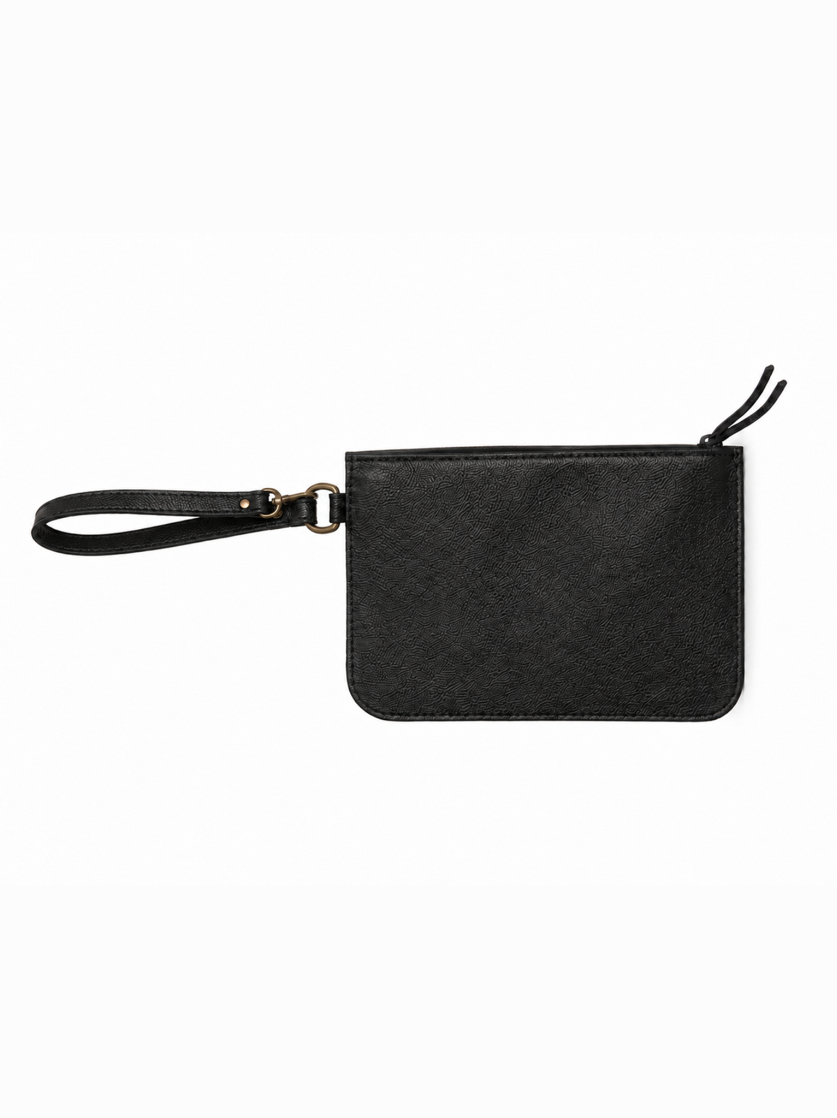 Black pebbled leather wristlet with leather strap and zipper closure on a white background. #Color_Pebbled Black