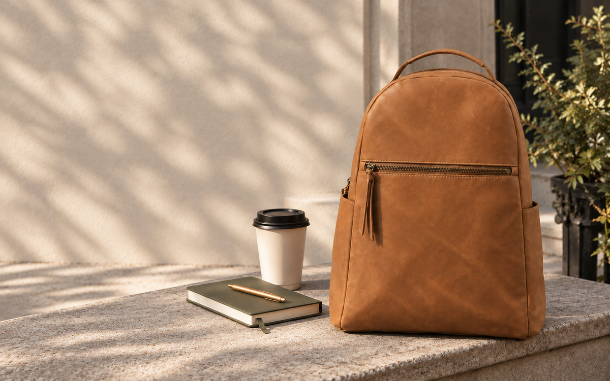 A tan leather backpack sits on a stone ledge next to a takeaway coffee cup, a notebook, and a pen, with soft shadow patterns on a beige wall in the background.