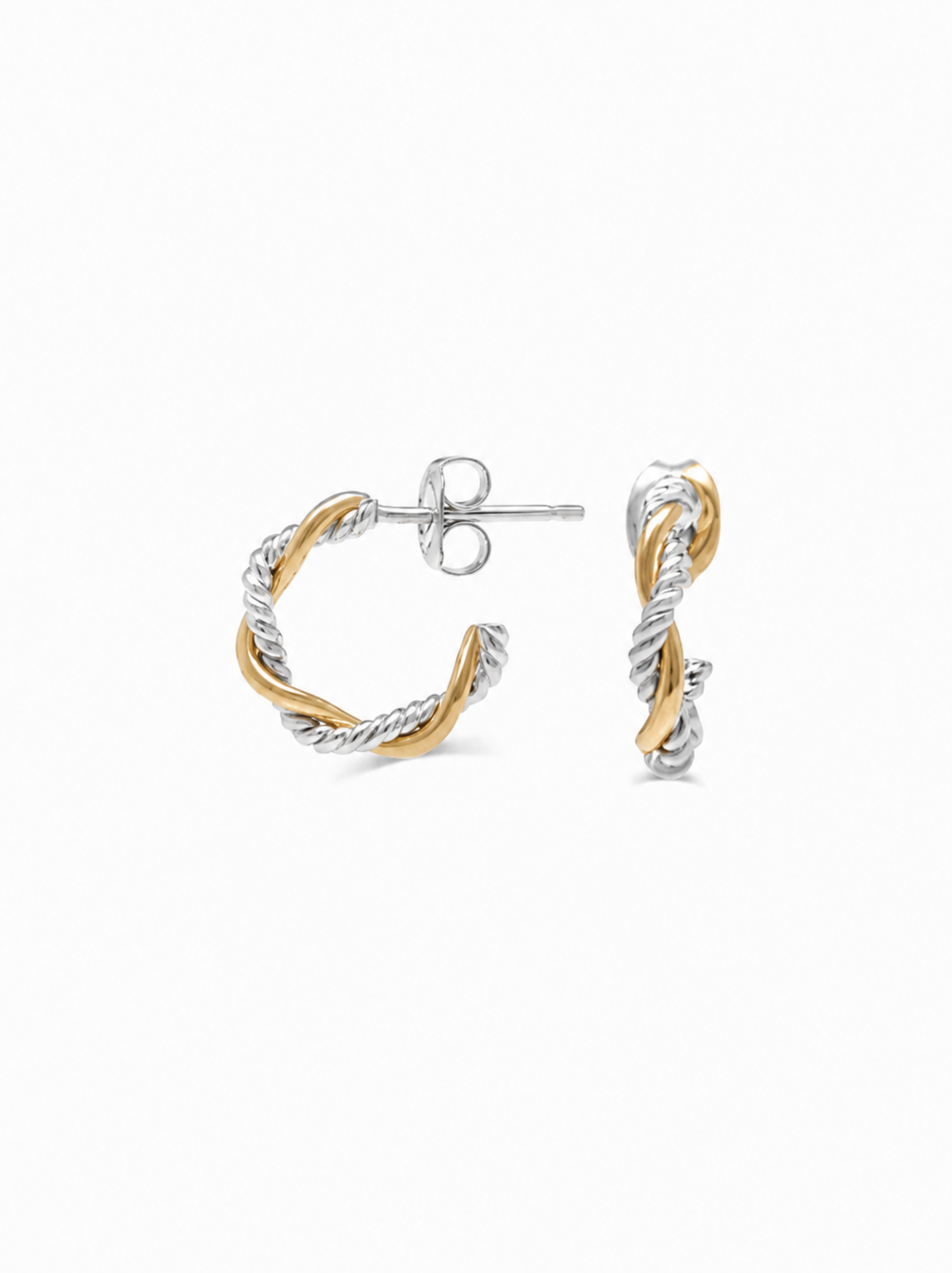 Side and front views of a pair of mini braided hoop earrings with a smooth gold and textured silver finish on a white background.