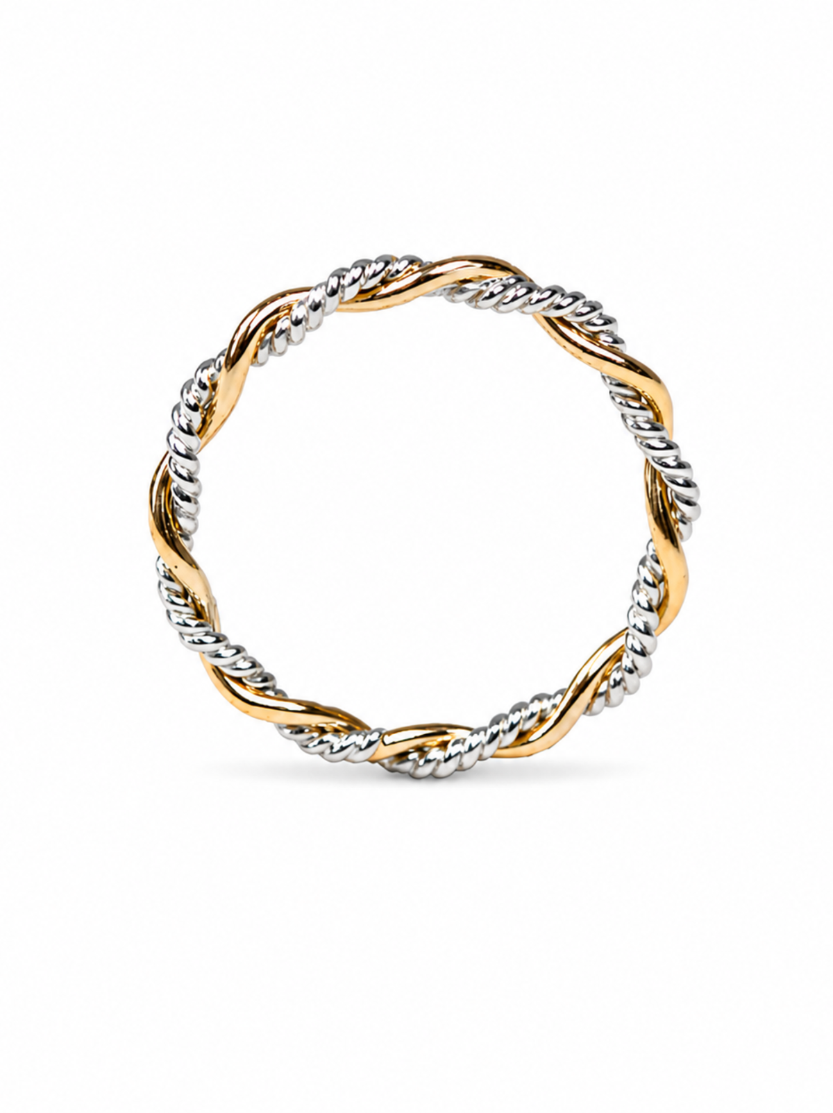 Standing two-tone gold and silver twisted ring on a white background.