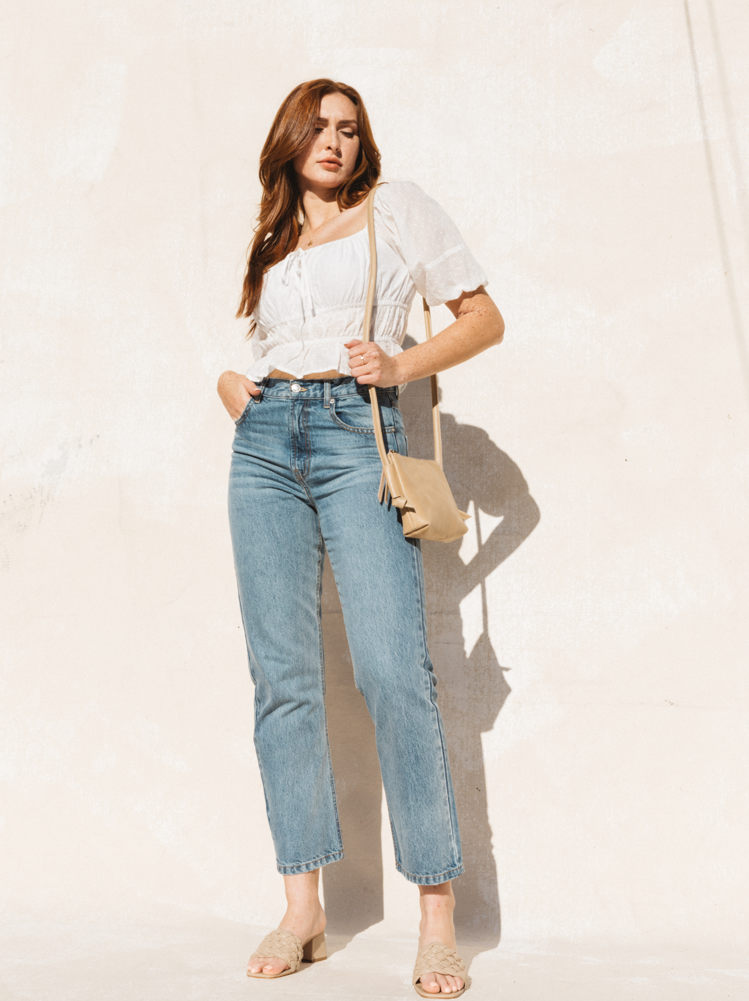 ana Smocked Top, High-Rise Denim Culottes & Sandals